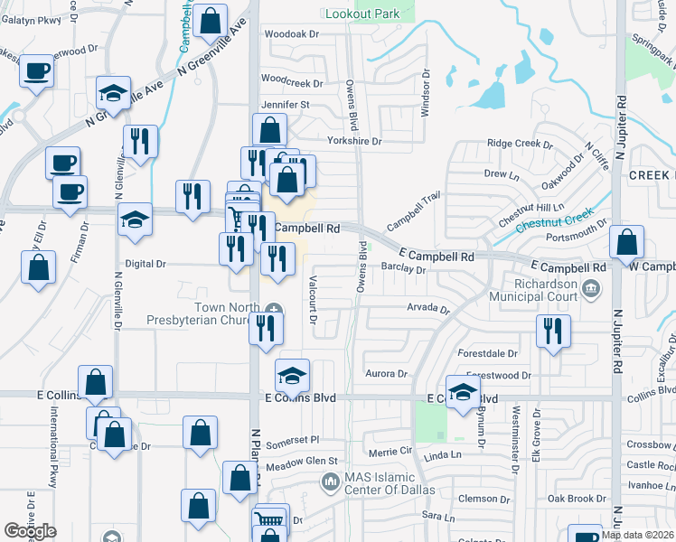 map of restaurants, bars, coffee shops, grocery stores, and more near 1508 Barclay Drive in Richardson