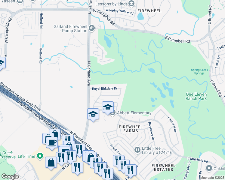 map of restaurants, bars, coffee shops, grocery stores, and more near 726 Royal Birkdale Drive in Garland