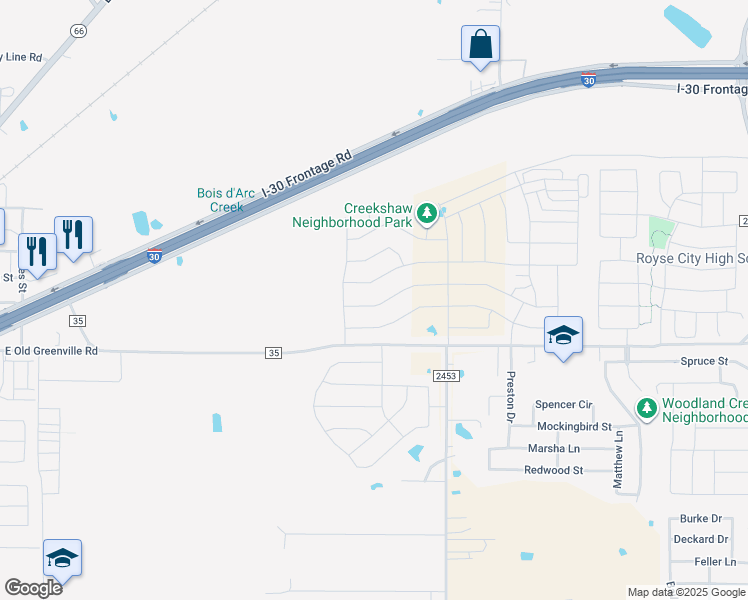 map of restaurants, bars, coffee shops, grocery stores, and more near 1800-2064 Farm to Market 35 in Royse City