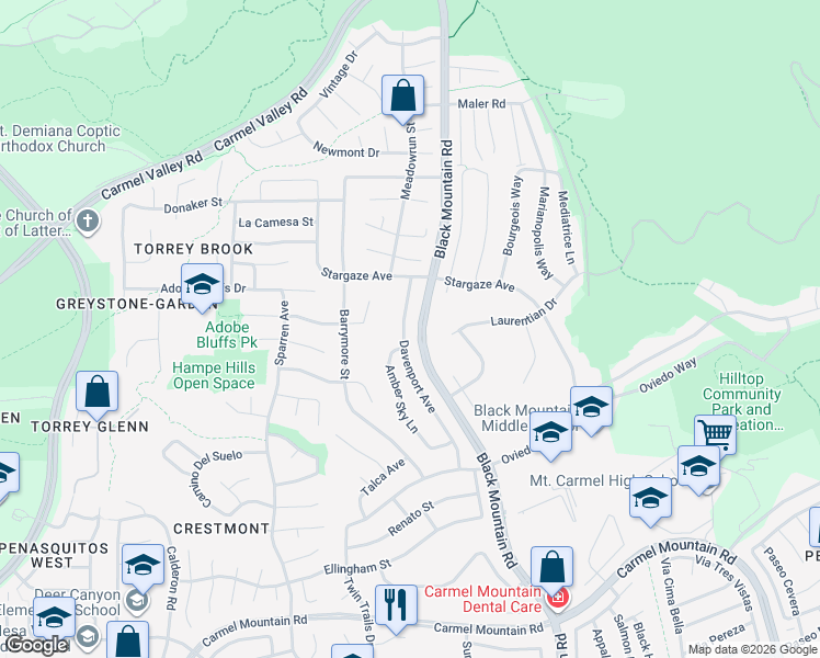 map of restaurants, bars, coffee shops, grocery stores, and more near 14029 Davenport Avenue in San Diego