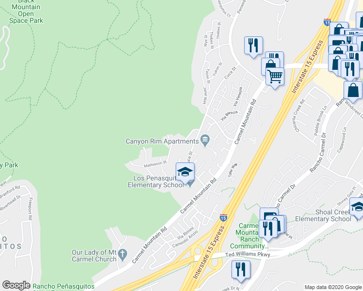 map of restaurants, bars, coffee shops, grocery stores, and more near 10725 Old Saybrook Drive in San Diego