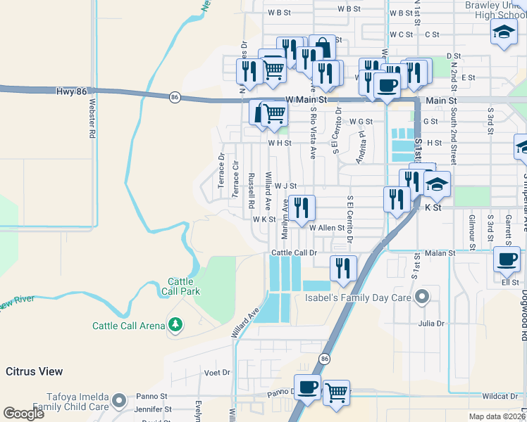 map of restaurants, bars, coffee shops, grocery stores, and more near 577 Willard Avenue in Brawley