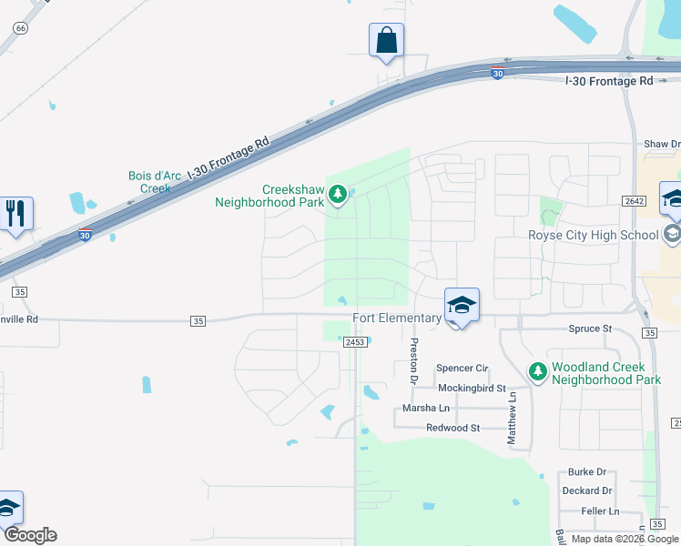 map of restaurants, bars, coffee shops, grocery stores, and more near 2147 Clearwater Way in Royse City