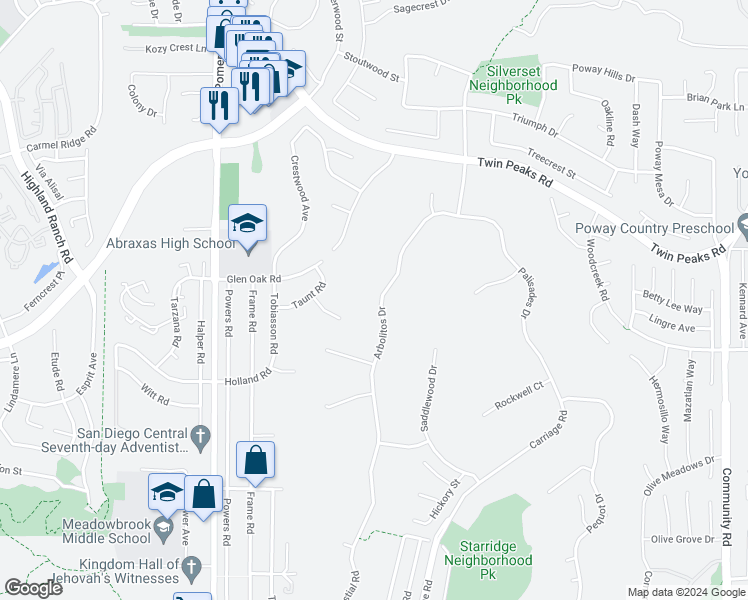 map of restaurants, bars, coffee shops, grocery stores, and more near 14138 Arbolitos Drive in Poway