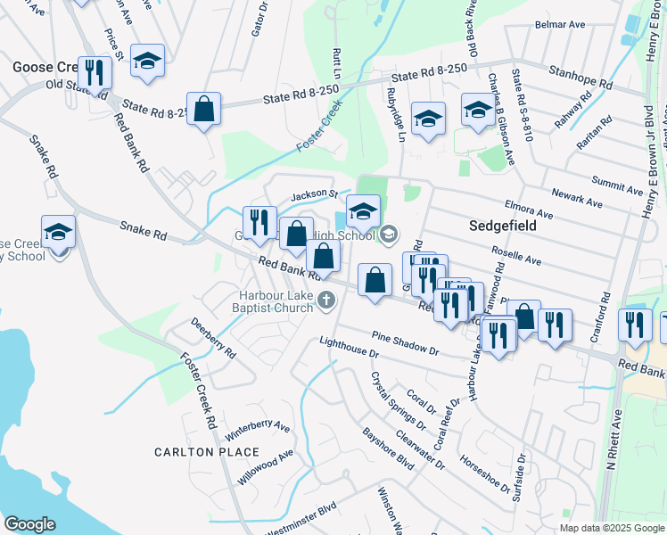 map of restaurants, bars, coffee shops, grocery stores, and more near 1055 Red Bank Road in Goose Creek