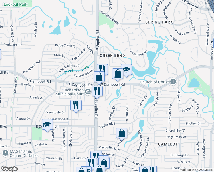 map of restaurants, bars, coffee shops, grocery stores, and more near 6310 Hidden Springs Lane in Garland