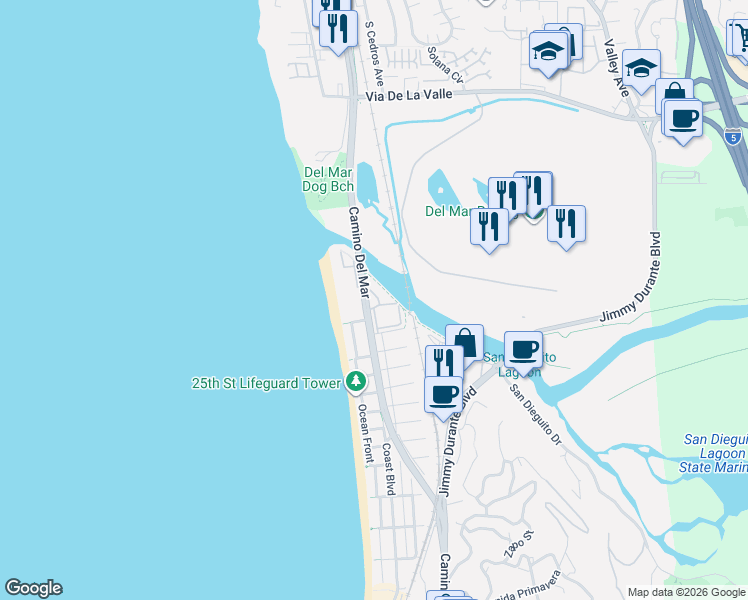map of restaurants, bars, coffee shops, grocery stores, and more near 2923 Sandy Lane in Del Mar