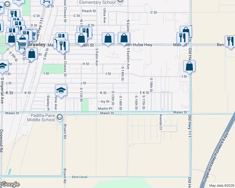map of restaurants, bars, coffee shops, grocery stores, and more near 1324 K Street in Brawley