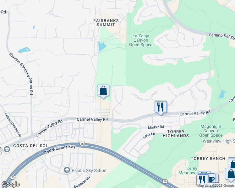 map of restaurants, bars, coffee shops, grocery stores, and more near 7472 Collins Ranch Terrace in San Diego