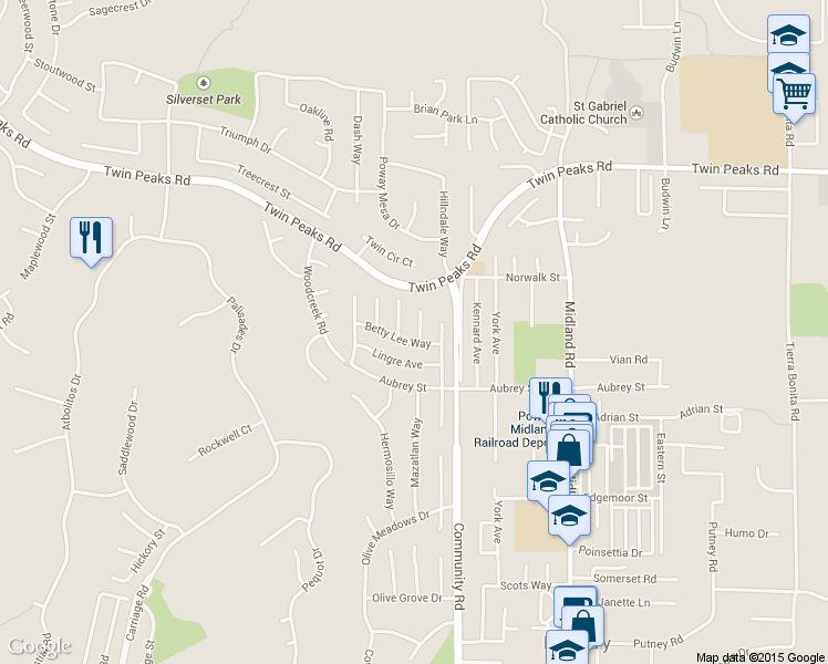 map of restaurants, bars, coffee shops, grocery stores, and more near 14310 Sandown Court in Poway