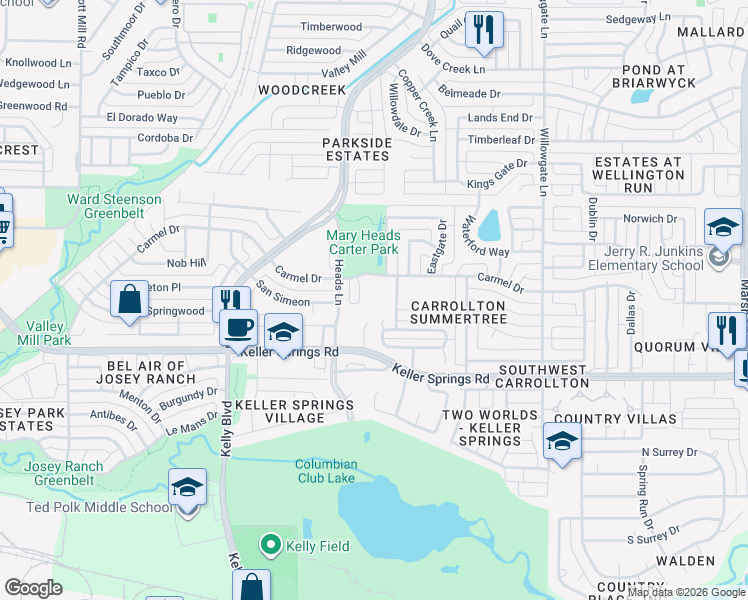map of restaurants, bars, coffee shops, grocery stores, and more near 2300 Carmel Drive in Carrollton