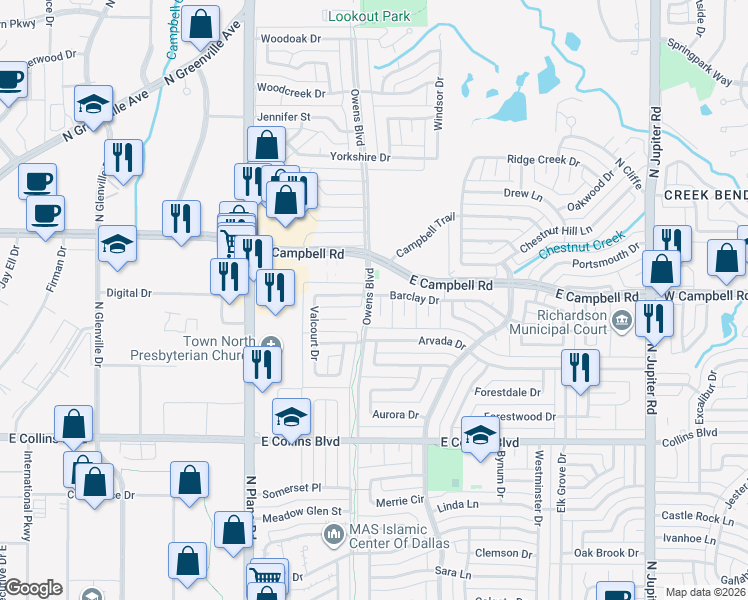 map of restaurants, bars, coffee shops, grocery stores, and more near 1809 Roxton Court in Richardson