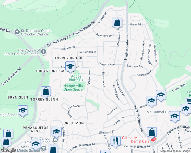 map of restaurants, bars, coffee shops, grocery stores, and more near 8939 Gainsborough Avenue in San Diego