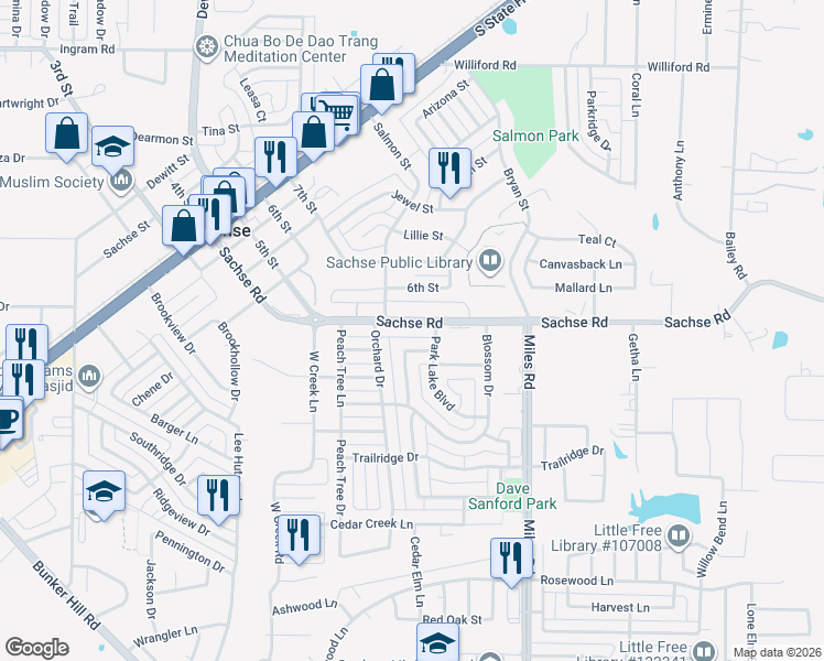 map of restaurants, bars, coffee shops, grocery stores, and more near 3630 Sachse Road in Sachse