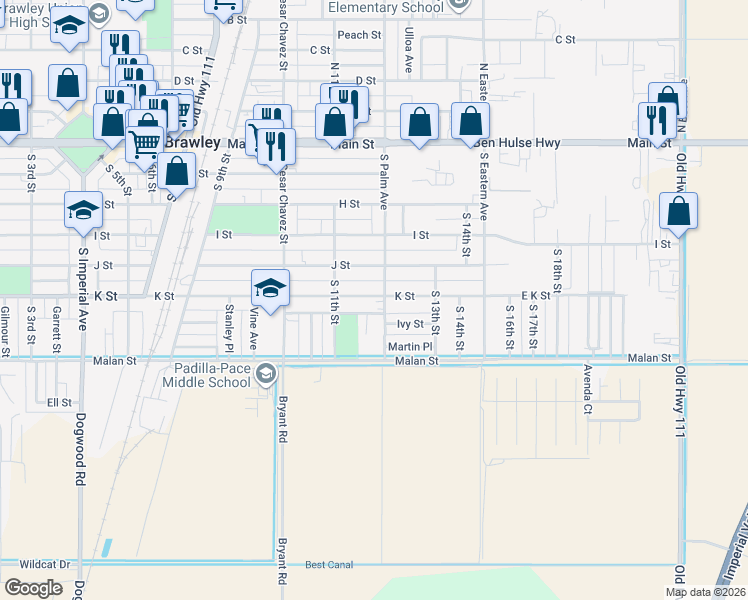 map of restaurants, bars, coffee shops, grocery stores, and more near 703 South Palm Avenue in Brawley