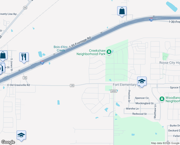 map of restaurants, bars, coffee shops, grocery stores, and more near 1816 Farm to Market 35 in Royse City
