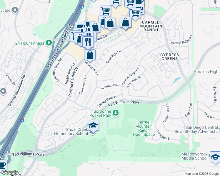 map of restaurants, bars, coffee shops, grocery stores, and more near 11679 Boulton Avenue in San Diego