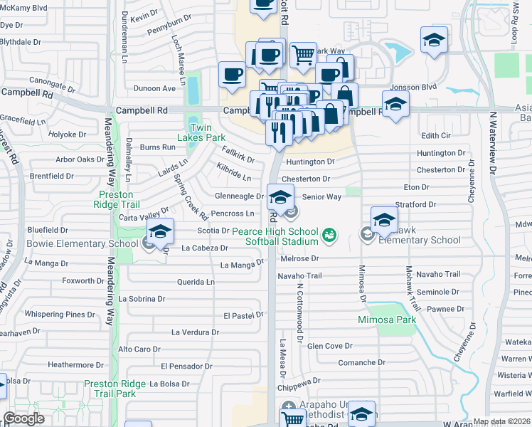 map of restaurants, bars, coffee shops, grocery stores, and more near 16110 Fallkirk Drive in Dallas