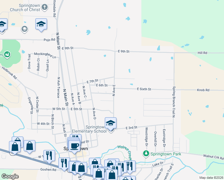 map of restaurants, bars, coffee shops, grocery stores, and more near 521 North Avenue East in Springtown