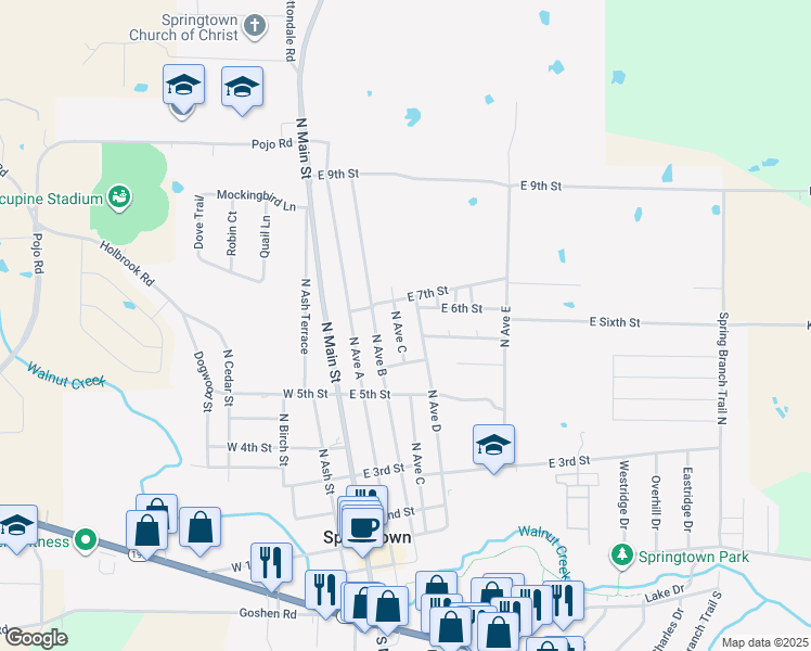 map of restaurants, bars, coffee shops, grocery stores, and more near 556 North Avenue D in Springtown