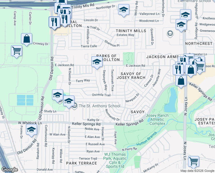 map of restaurants, bars, coffee shops, grocery stores, and more near 2110 Sequoyah Way in Carrollton