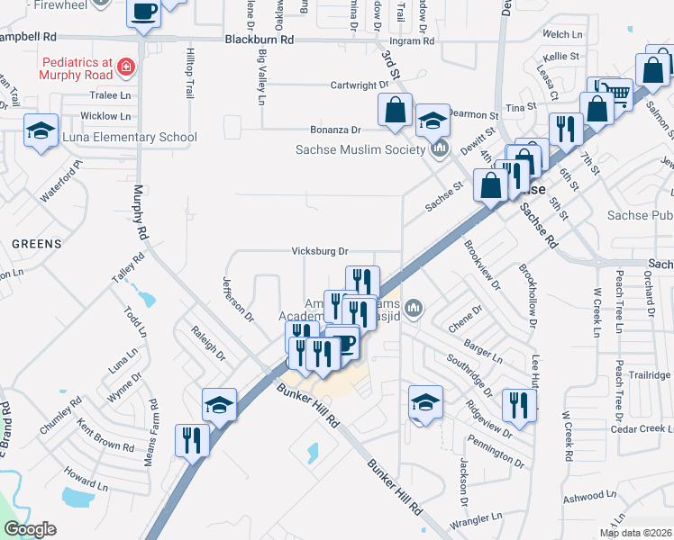 map of restaurants, bars, coffee shops, grocery stores, and more near 5311 Dixie Circle in Sachse