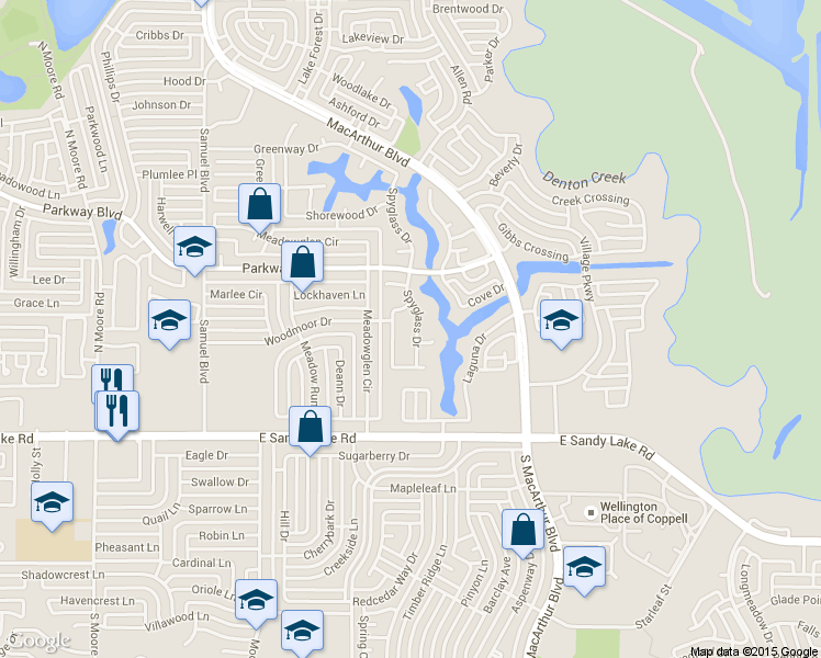 map of restaurants, bars, coffee shops, grocery stores, and more near 121 Spyglass Drive in Coppell