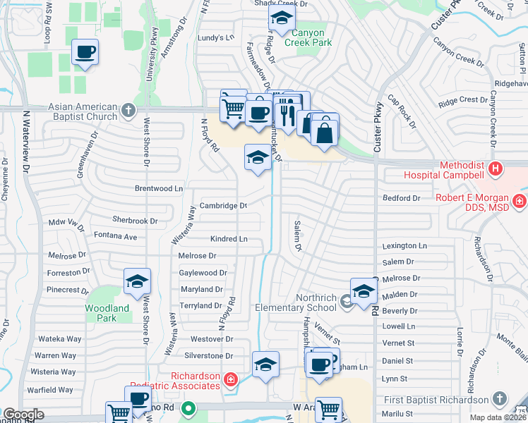 map of restaurants, bars, coffee shops, grocery stores, and more near 639 Cambridge Circle in Richardson