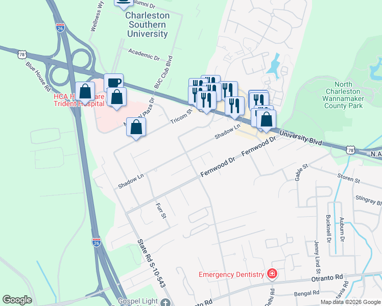 map of restaurants, bars, coffee shops, grocery stores, and more near 2787 Shadow Lane in North Charleston