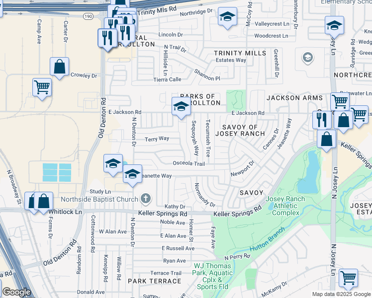 map of restaurants, bars, coffee shops, grocery stores, and more near 2108 Pontiac Drive in Carrollton