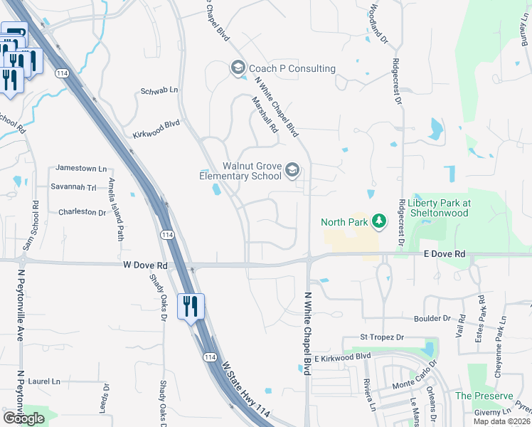 map of restaurants, bars, coffee shops, grocery stores, and more near 414 Copperfield Street in Southlake