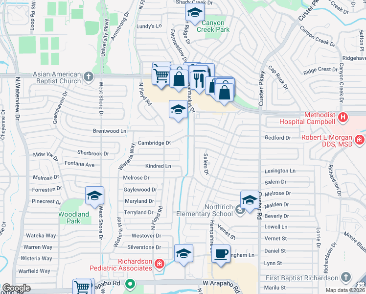 map of restaurants, bars, coffee shops, grocery stores, and more near 639 Cambridge Drive in Richardson