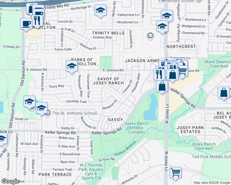 map of restaurants, bars, coffee shops, grocery stores, and more near 1320 Cannes Dr in Carrollton