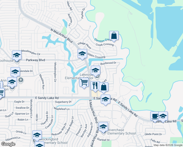 map of restaurants, bars, coffee shops, grocery stores, and more near 201 Redwood Drive in Coppell