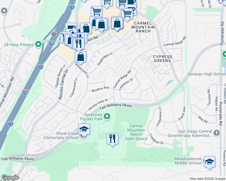 map of restaurants, bars, coffee shops, grocery stores, and more near 13888 Carmel Ridge Road in San Diego