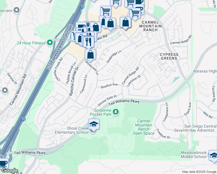 map of restaurants, bars, coffee shops, grocery stores, and more near 11679 Boulton Avenue in San Diego