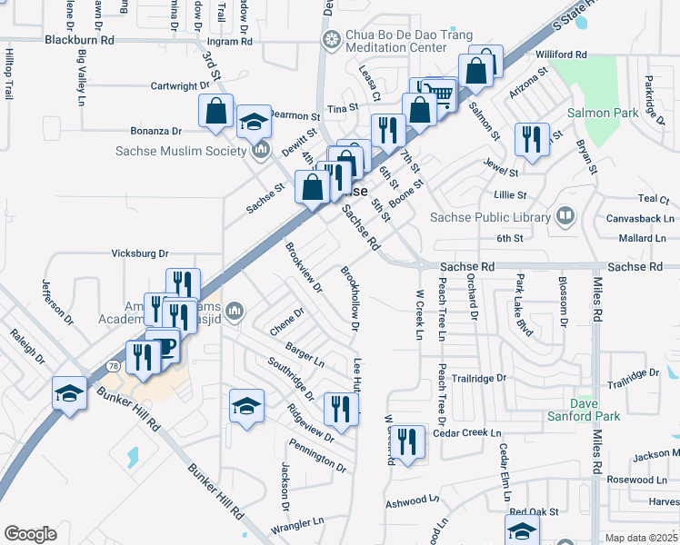 map of restaurants, bars, coffee shops, grocery stores, and more near 5309 Brookhollow Drive in Sachse