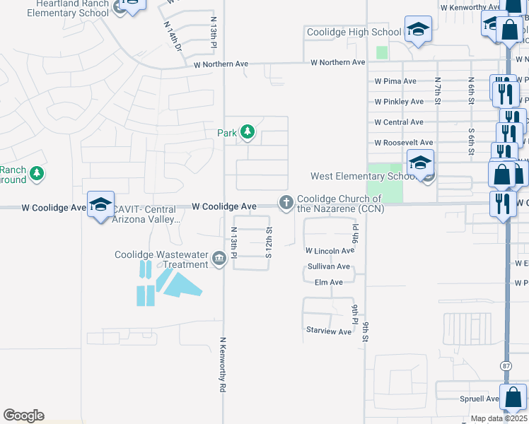map of restaurants, bars, coffee shops, grocery stores, and more near 1204 West Prior Avenue in Coolidge