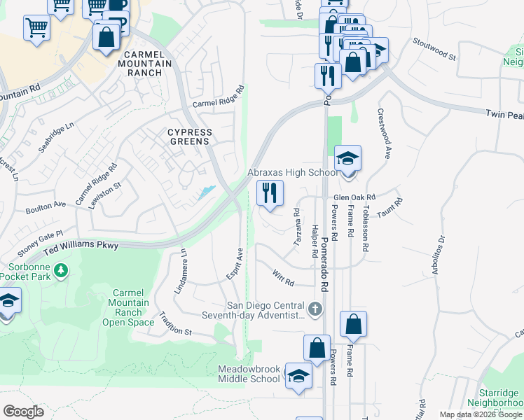 map of restaurants, bars, coffee shops, grocery stores, and more near 12194 Wilsey Way in Poway