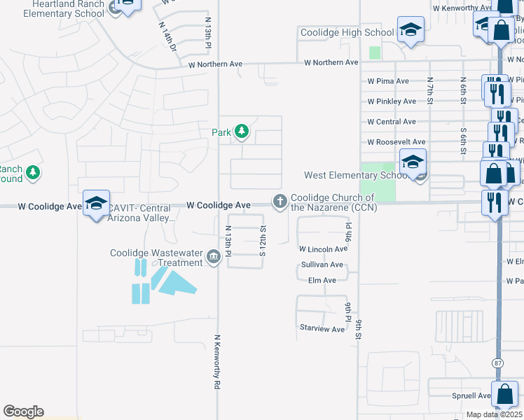 map of restaurants, bars, coffee shops, grocery stores, and more near 1204 West Prior Avenue in Coolidge