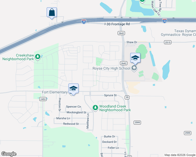 map of restaurants, bars, coffee shops, grocery stores, and more near 305 Stevenson Landing in Royse City