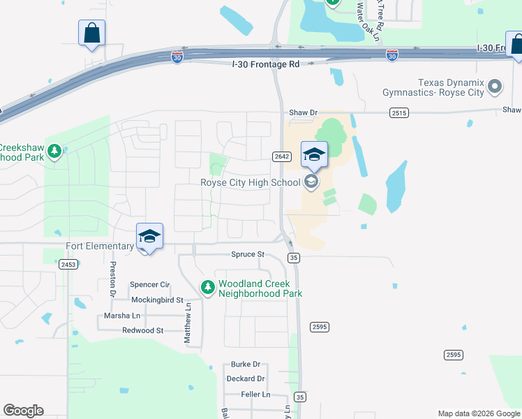 map of restaurants, bars, coffee shops, grocery stores, and more near 3201 Overlook Drive in Royse City