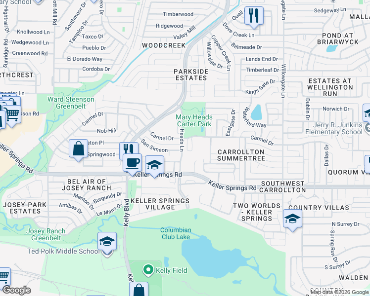 map of restaurants, bars, coffee shops, grocery stores, and more near 2222 Heads Lane in Carrollton