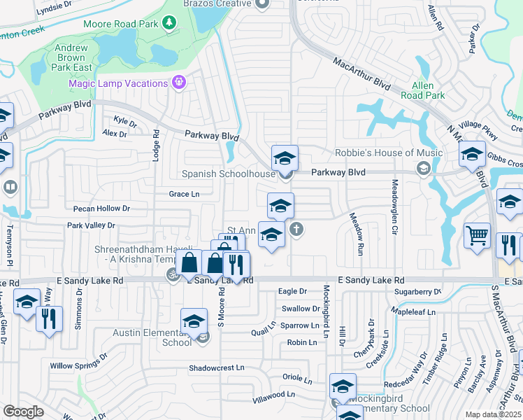 map of restaurants, bars, coffee shops, grocery stores, and more near 206 Samuel Boulevard in Coppell