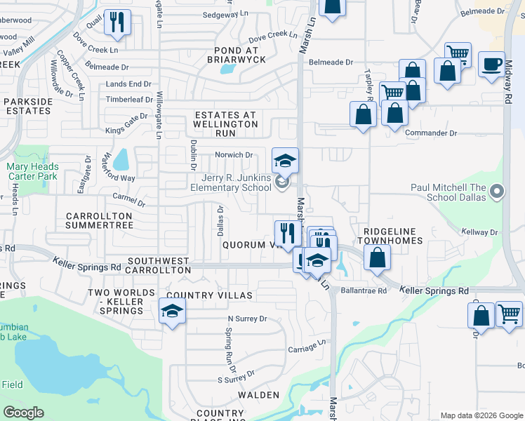 map of restaurants, bars, coffee shops, grocery stores, and more near 2300 Norwich Dr in Carrollton