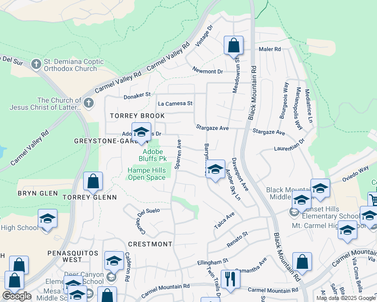 map of restaurants, bars, coffee shops, grocery stores, and more near 8939 Gainsborough Avenue in San Diego