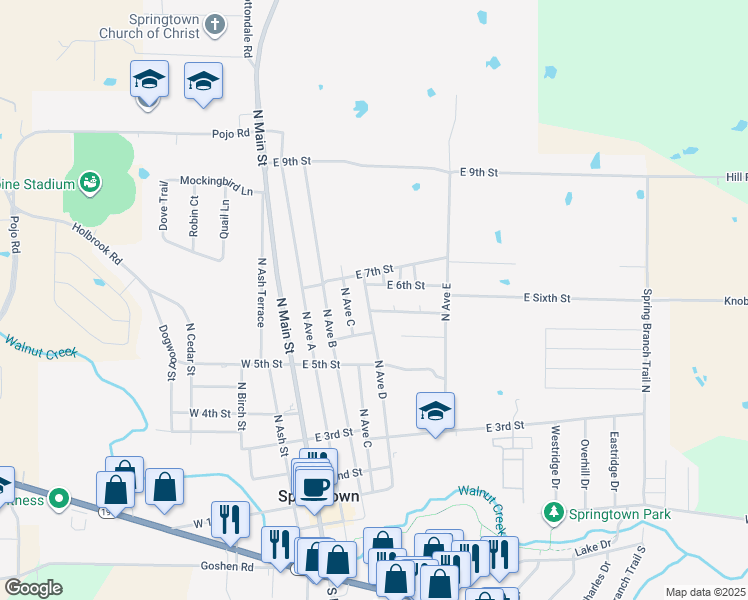 map of restaurants, bars, coffee shops, grocery stores, and more near 556 North Avenue D in Springtown