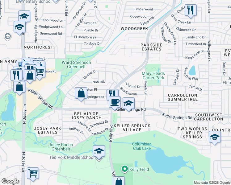 map of restaurants, bars, coffee shops, grocery stores, and more near 2206 San Simeon Place in Carrollton
