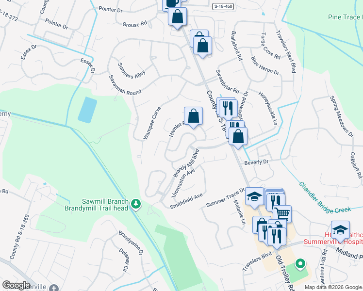 map of restaurants, bars, coffee shops, grocery stores, and more near 125 Towne Square Road in Summerville