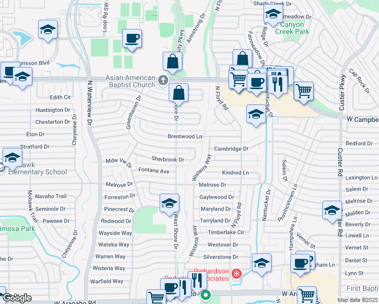 map of restaurants, bars, coffee shops, grocery stores, and more near 739 Greenhaven Drive in Richardson